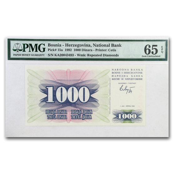 1992 Bosnia 1000 Dinara Stone Arch Bridge CU-65 EPQ PMG 1992 Bosnia 1000 Dinara Stone Arch Bridge CU-65 EPQ PMG